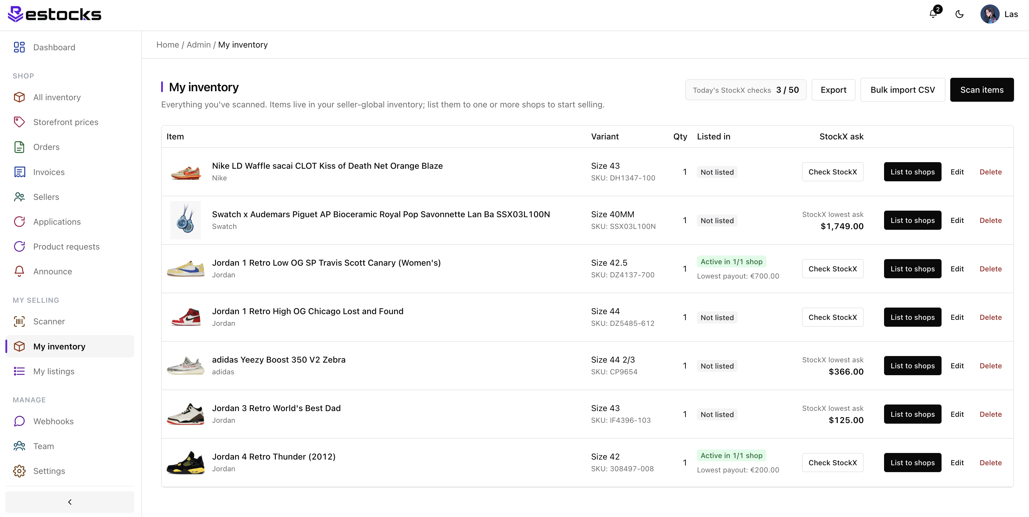 Restocks seller inventory dashboard